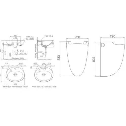 Bộ chậu rửa lavabo Viglacera VTL2/BS503 treo tường kèm chân ngắn - Ảnh 2