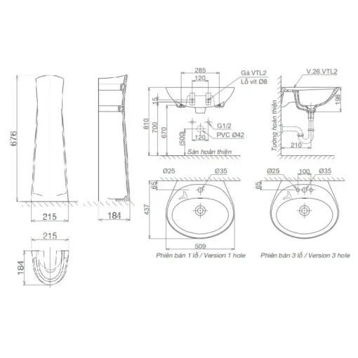 Bộ chậu rửa lavabo Viglacera VTL2/VI1T treo tường kèm chân dài - Ảnh 2