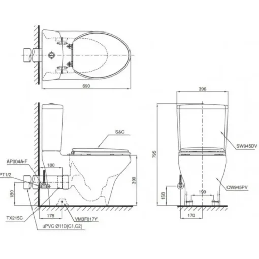 Bồn cầu 2 khối TOTO CS945PDT10 thoát ngang - Ảnh 2