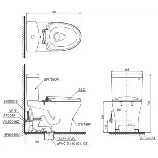 Bồn cầu 2 khối TOTO CS769DRT10/TC395VS nắp êm - Ảnh 2