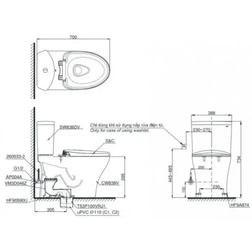 Bồn cầu 2 khối TOTO CS838DT10/TC395VS nắp êm - Ảnh 2