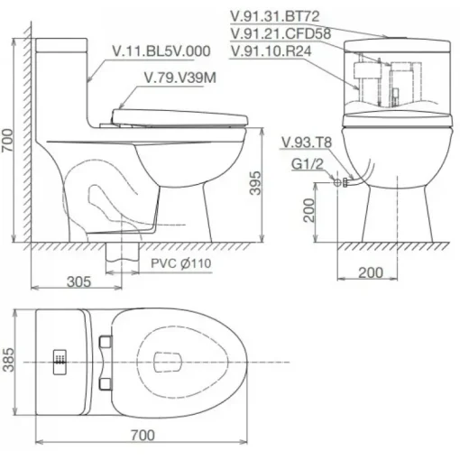 Bồn cầu một khối Viglacera BL5 nắp êm V37 + Vòi Xịt VG826 - Ảnh 2