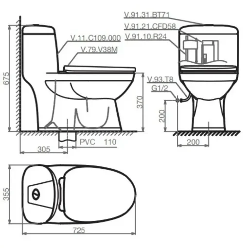 Bồn cầu một khối Viglacera C109 nắp êm V38 + Vòi Xịt VG826 - Ảnh 2