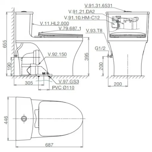 Bồn cầu một khối Viglacera HL2+VG826 nắp V687 - Ảnh 2