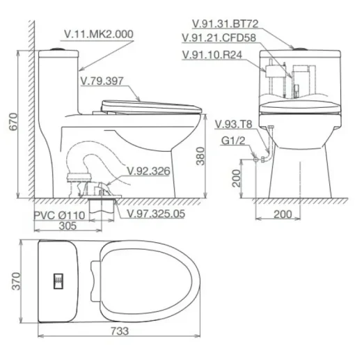 Bồn cầu một khối Viglacera MK2 + VG826 nắp êm - Ảnh 2