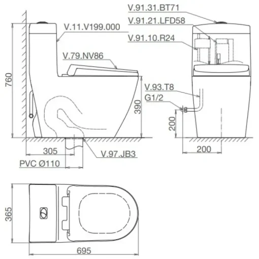 Bồn cầu một khối Viglacera V199 nắp êm V86 + Vòi Xịt VG826 - Ảnh 2