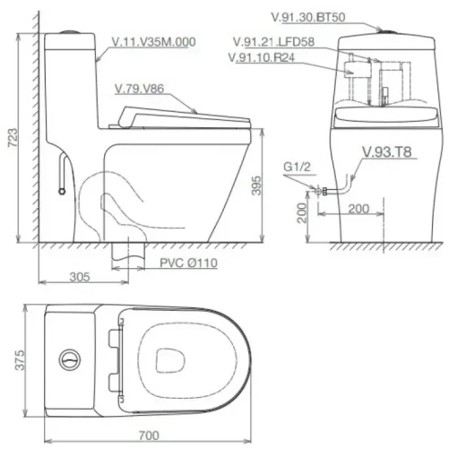 Bồn cầu một khối Viglacera V35M nắp êm V86 xả xoáy + vòi xịt VG826 - Ảnh 2