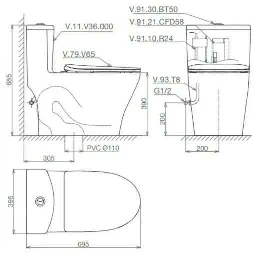 Bồn cầu một khối Viglacera V36 + VG826 nắp êm - Ảnh 2