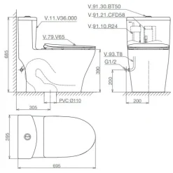 Alternative view of Bồn cầu một khối Viglacera V36SW nắp rửa cơ M4A839