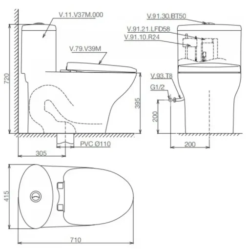 Bồn cầu một khối Viglacera V37M nắp êm V37 + vòi xịt VG826 - Ảnh 2
