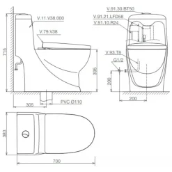 Alternative view of Bồn cầu một khối Viglacera V38 + VG826 nắp êm V38