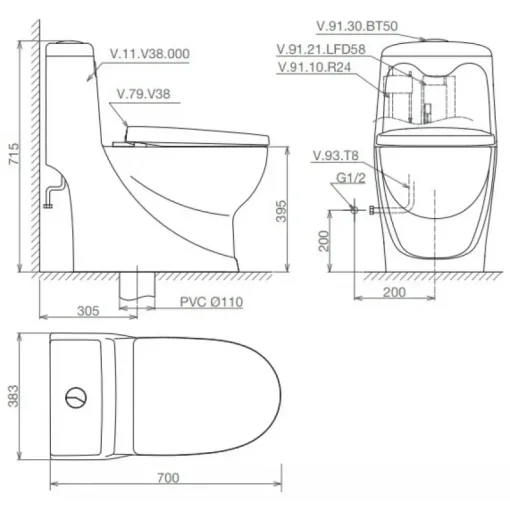 Bồn cầu một khối Viglacera V38 + VG826 nắp êm V38 - Ảnh 2