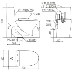 Alternative view of Bồn cầu một khối Viglacera V38M + VG826 nắp êm V38M xả xoáy