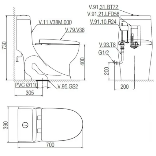 Bồn cầu một khối Viglacera V38M + VG826 nắp êm V38M xả xoáy - Ảnh 2