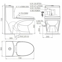 Alternative view of Bồn cầu một khối Viglacera V39 nắp êm V37 + Vòi Xịt VG826