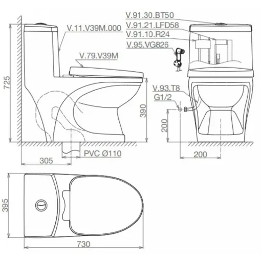 Bồn cầu một khối Viglacera V39 nắp êm V37 + Vòi Xịt VG826 - Ảnh 2