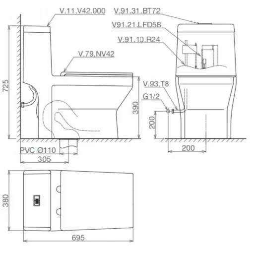 Bồn cầu một khối Viglacera V42 nắp êm + vòi xịt VG826 - Ảnh 2