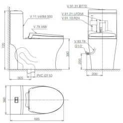Alternative view of Bồn cầu một khối Viglacera V45M nắp V687 xả xoáy + vòi xịt VG826