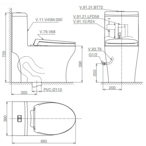 Bồn cầu một khối Viglacera V45M nắp V687 xả xoáy + vòi xịt VG826 - Ảnh 2
