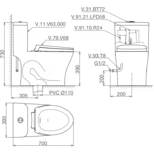 Bồn cầu một khối Viglacera V63+VG826 nắp êm V687 - Ảnh 2