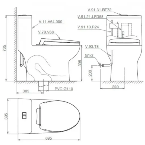 Bồn cầu một khối Viglacera V64+VG826+VG853 nắp êm V687 - Ảnh 2