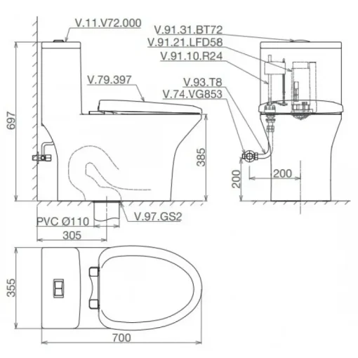 Bồn cầu một khối Viglacera V72 + VG826 fansipan - Ảnh 2