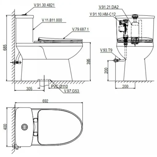 Bồn cầu một khối Viglacera V811 + VG826 xả xoáy nắp V687 - Ảnh 2