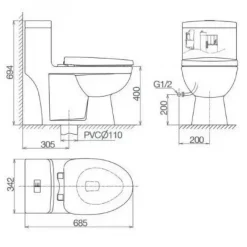 Alternative view of Bồn cầu một khối Viglacera V825 nắp V39M xả xoáy + vòi xịt VG826