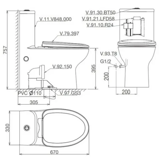 Bồn cầu một khối Viglacera V848 + VG826 xả xoáy nắp V39 - Ảnh 2