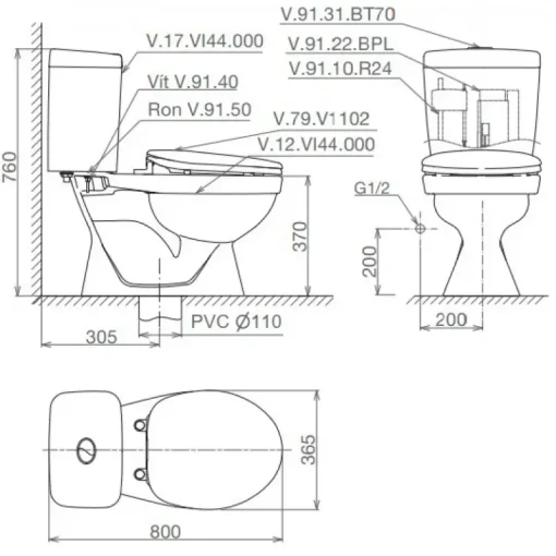 Bồn cầu hai khối Viglacera VI44 nắp thường - Ảnh 2