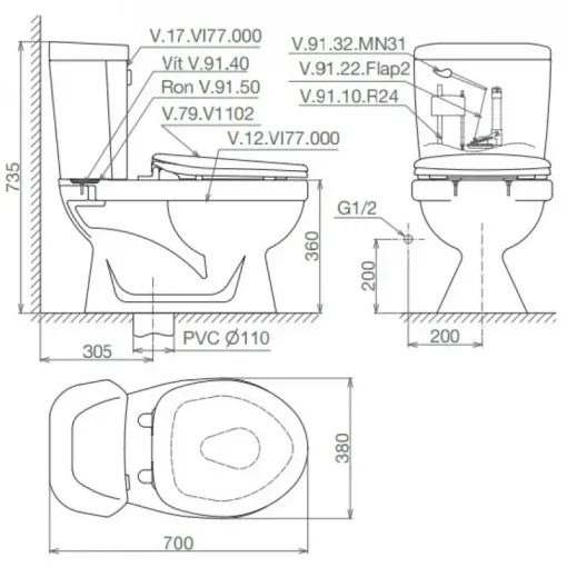 Bồn cầu hai khối Viglacera VI77/VTL2 nắp thường V1102 - Ảnh 2