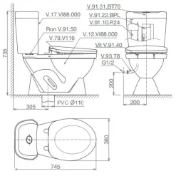 Alternative view of Bồn cầu hai khối Viglacera VI88 xả nhấn nắp êm V1102E