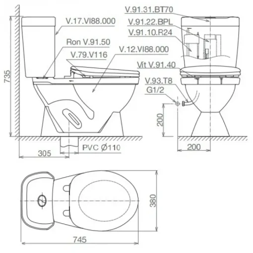 Bồn cầu hai khối Viglacera VI88/VTL2 nắp êm V1102E - Ảnh 2