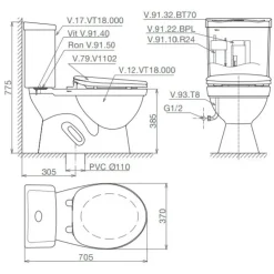 Alternative view of Bồn cầu hai khối Viglacera VT18M/VTL2 nắp êm V1102E