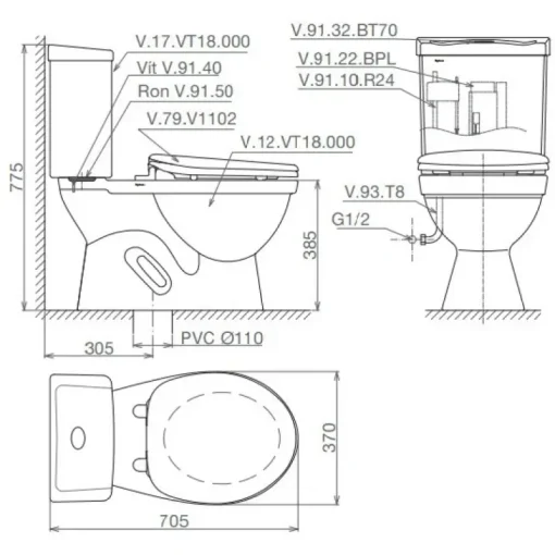 Bồn cầu hai khối Viglacera VT18M/VTL2 nắp êm V1102E - Ảnh 2