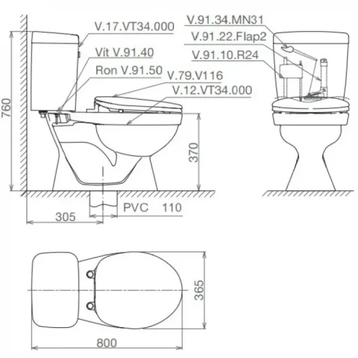 Bồn cầu hai khối Viglacera VT34 nắp êm - Ảnh 2