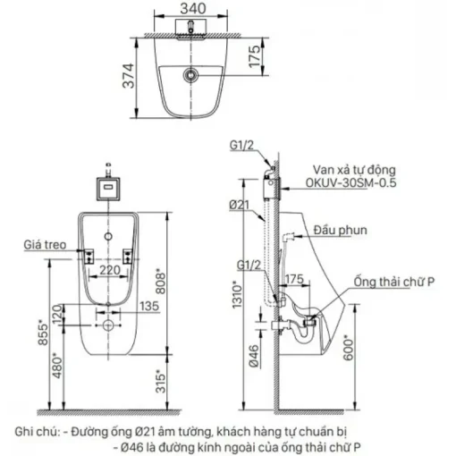 Bồn tiểu nam treo tường Inax AU-468VAC cấp âm - Ảnh 2