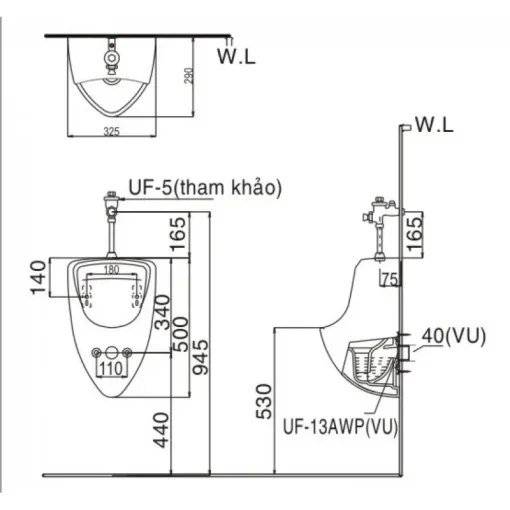 Bồn tiểu nam treo tường Inax U-440V - Ảnh 2