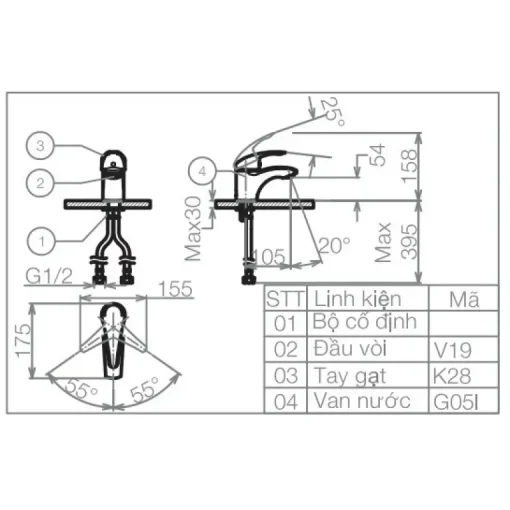 Vòi chậu lavabo nóng lạnh Viglacera VG104 thân thấp - Ảnh 2