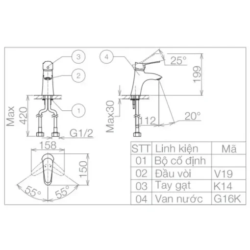 Vòi chậu lavabo nóng lạnh Viglacera VG114 thân thấp - Ảnh 2