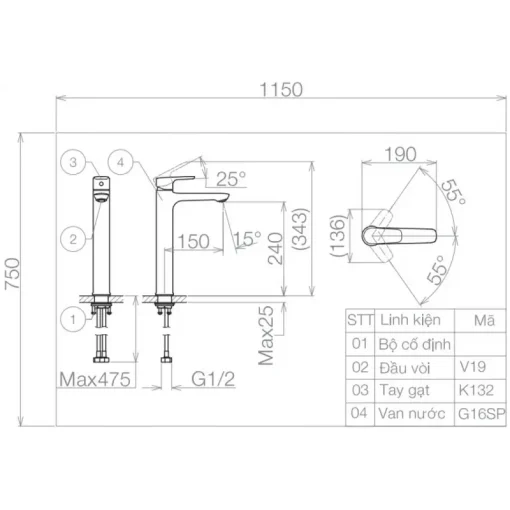 Vòi chậu lavabo nóng lạnh Viglacera VG132.1 thân cao - Ảnh 2