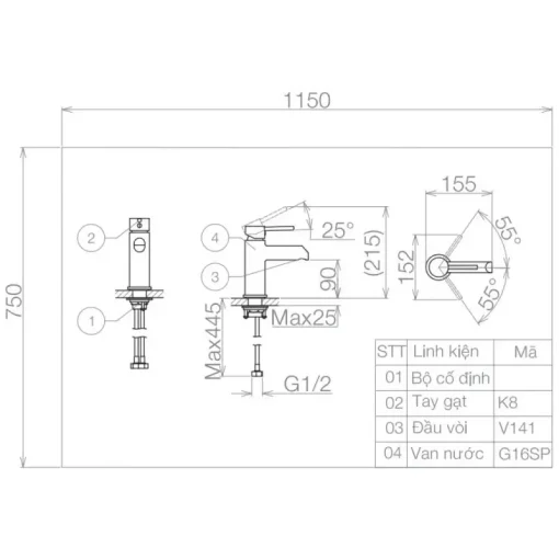 Vòi chậu lavabo nóng lạnh Viglacera VG141 thân thấp - Ảnh 2