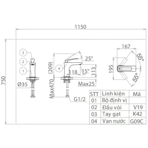 Vòi chậu lavabo nóng lạnh Viglacera VG142 thân thấp - Ảnh 2