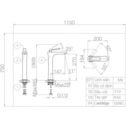 Vòi chậu lavabo nóng lạnh Viglacera VG142.1 thân cao - Ảnh 2