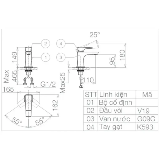 Vòi chậu lavabo nóng lạnh Viglacera VG143 thân thấp - Ảnh 2