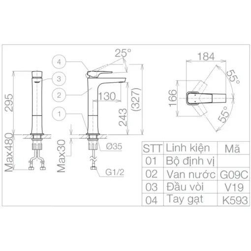 Vòi chậu lavabo nóng lạnh Viglacera VG143.1 thân cao - Ảnh 2