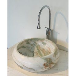 Chậu đá mỹ nghệ tự nhiên tròn màu Trắng Alaska Vân Xanh BST20-1 (D42)