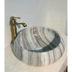 Chậu đá mỹ nghệ tự nhiên tròn màu trắng vân nâu BST16 (D42)