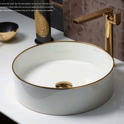 Chậu rửa lavabo đặt bàn tròn thành mỏng viền mạ vàng Kohler Mica K-90012T-0