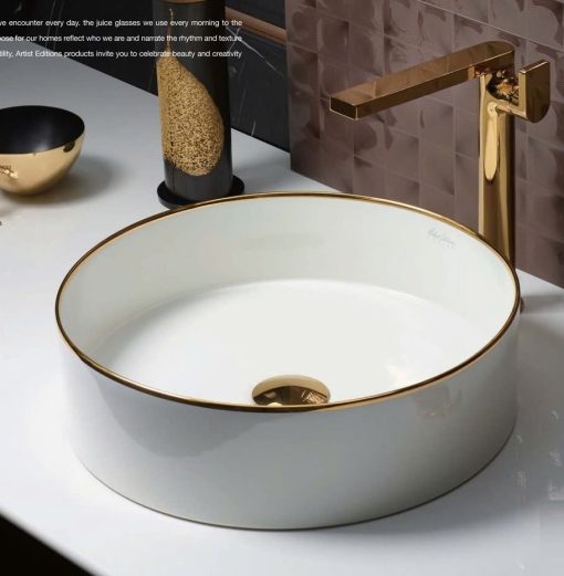 Chậu rửa lavabo đặt bàn tròn thành mỏng viền mạ vàng Kohler Mica K-90012T-0